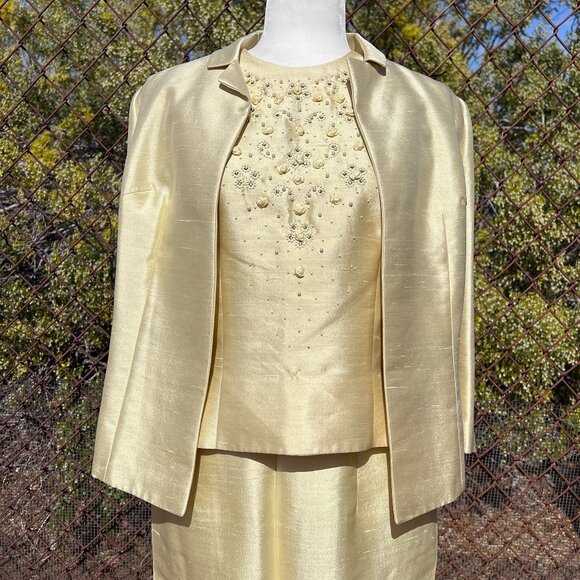 Vintage 60s 3-Piece Slubbed Silk Suit Embellished w/ Rhinestones, Pearls, Sz 14 - Picture 2 of 16